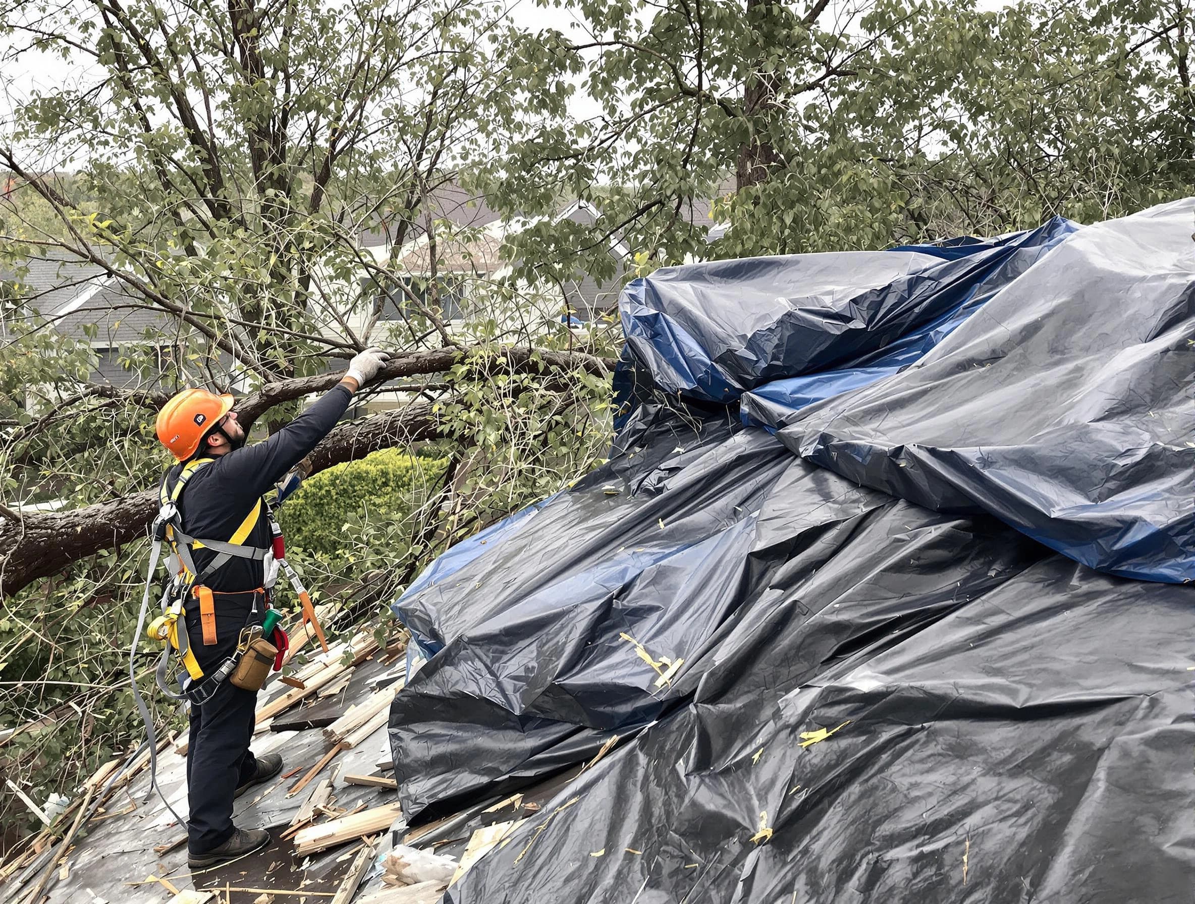 A tarped roof after storm damage repaired by Maple Heights Roofing Company in Maple Heights, OH