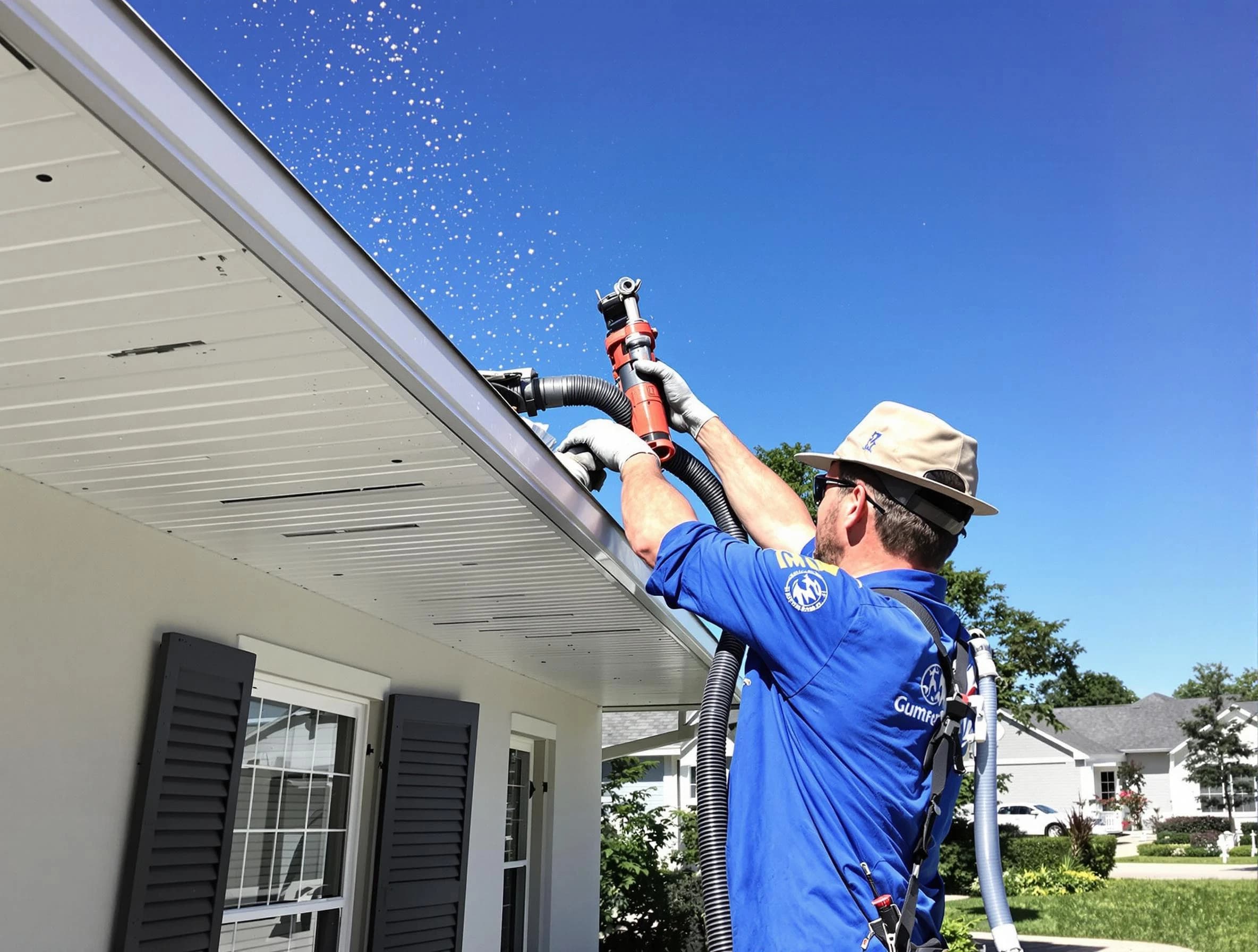 Technician completing a gutter cleaning project by Maple Heights Roofing Company in Maple Heights, OH